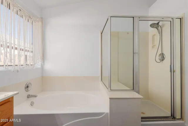 a bathroom with a bathtub and a shower