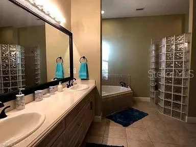a bathroom with a double vanity sink a mirror and a bathtub