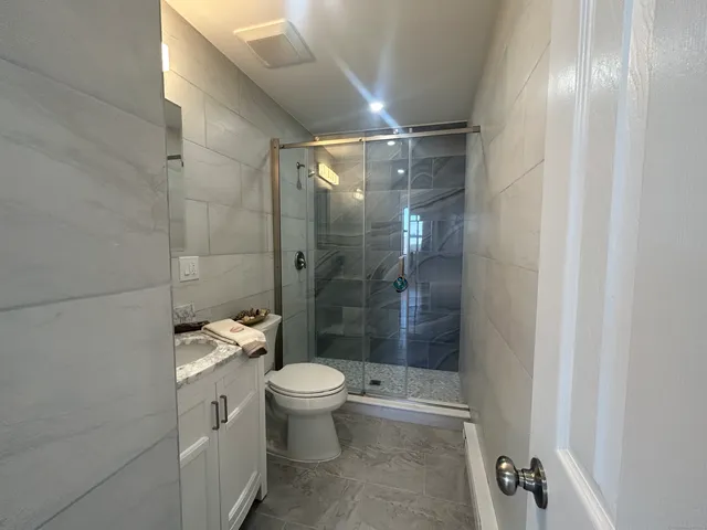 a bathroom with a shower and a toilet