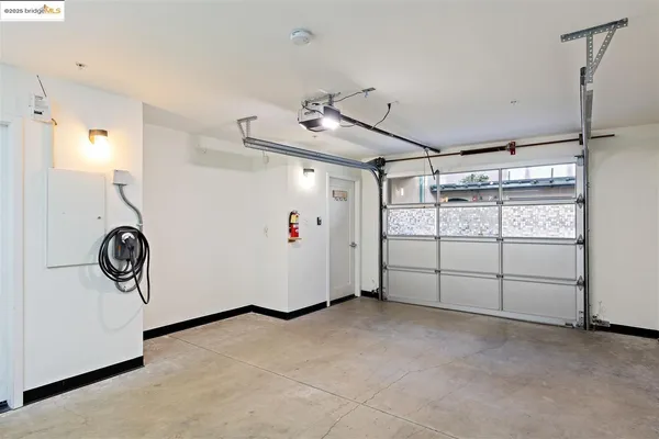 a view of a garage with storage