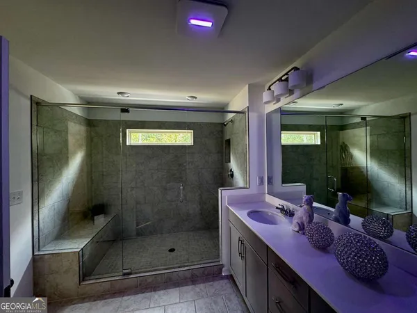 a bathroom with a double vanity sink mirror and shower