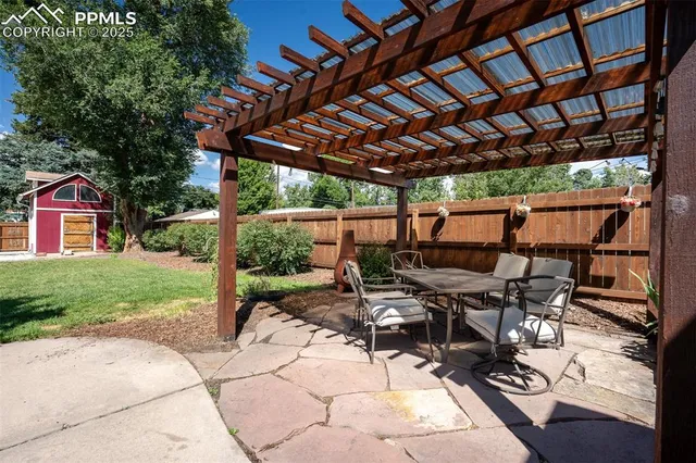 a view of a backyard with sitting area