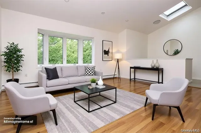 a living room with furniture a rug and a window