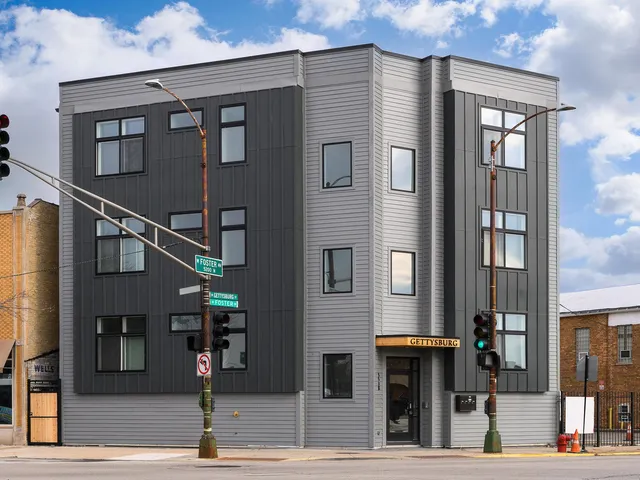 a front view of a building with street