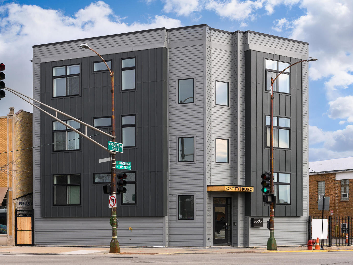 a front view of a building with street