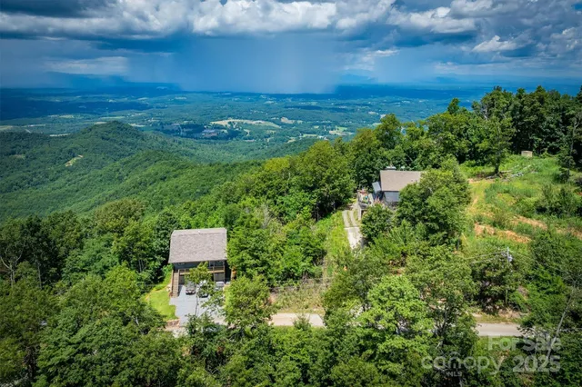an aerial view of residential house with outdoor space and trees all around