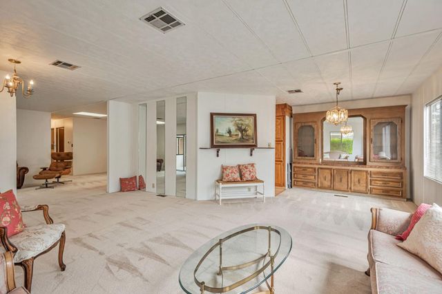 a living room with furniture potted plant and a large window