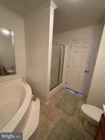 a bathroom with a tub and toilet