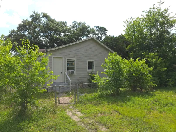 a backyard of a house with plants and tree