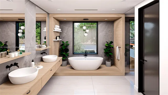 a spacious bathroom with a double vanity sink a large mirror a bathtub and window