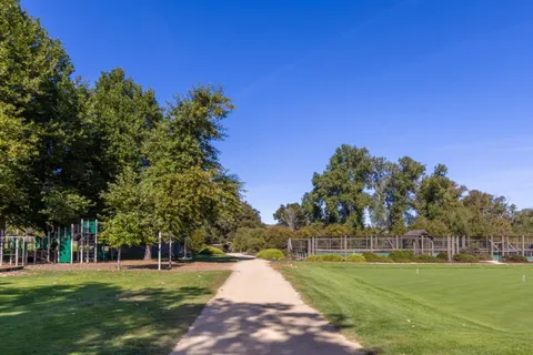 a big yard with trees in the background