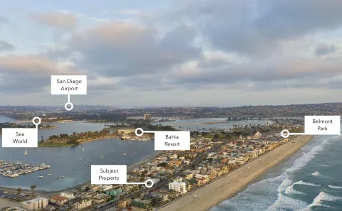 a city view with beach and car parked