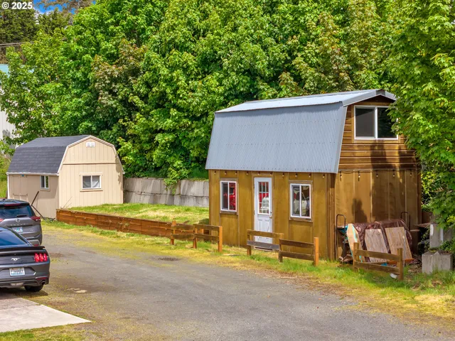 a view of a house with backyard and a tree