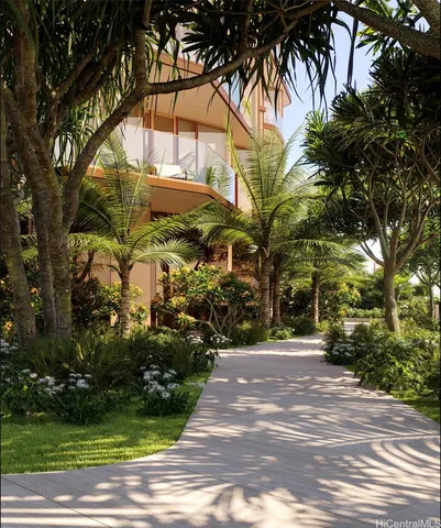 a view of a building with a garden