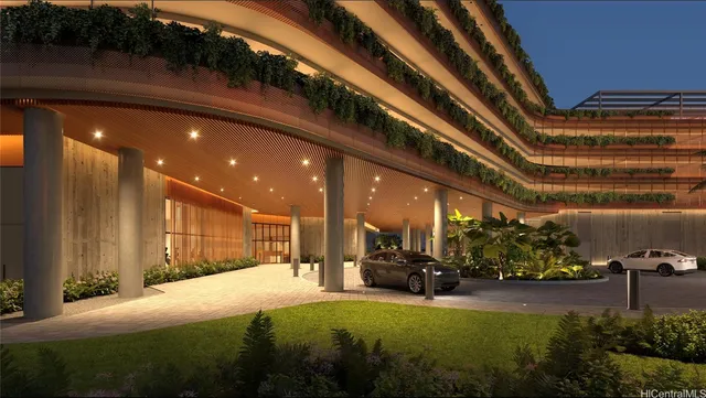 a view of a building with a garden