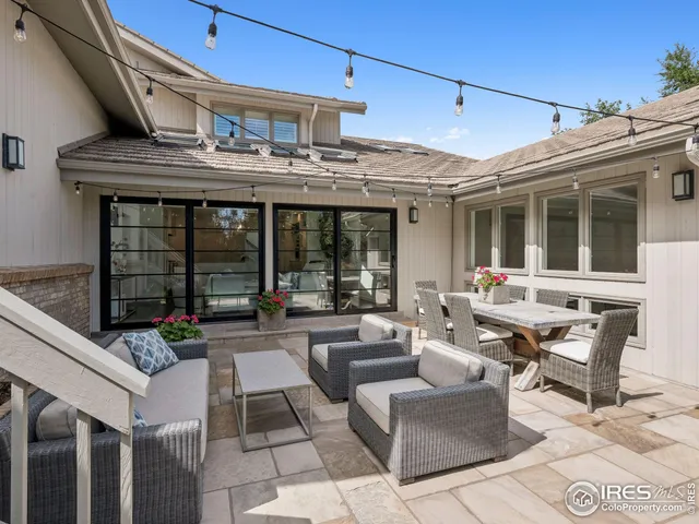 a living room with furniture and large windows