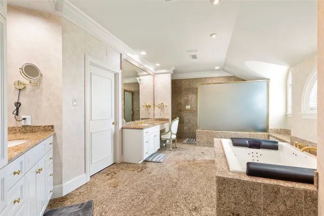 a living room with a mirror and a clock