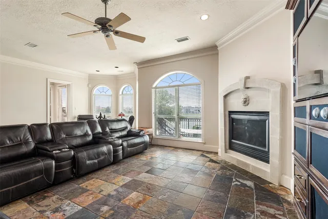 a swimming pool with outdoor seating