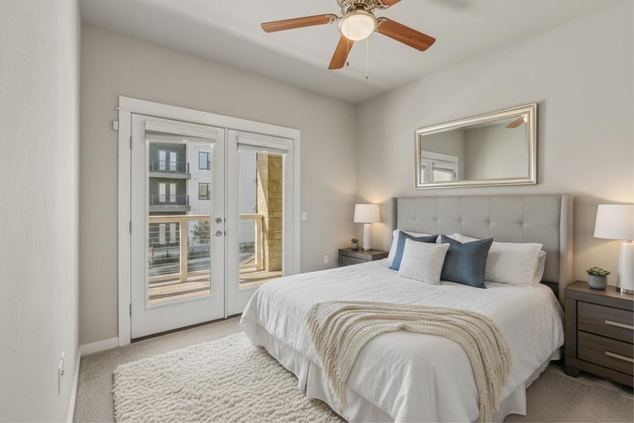 3919 Vaughan Street Austin, TX 78723 - Photo 30 of 40 Bedroom with carpet floors, french doors, access to outside, and ceiling fan
