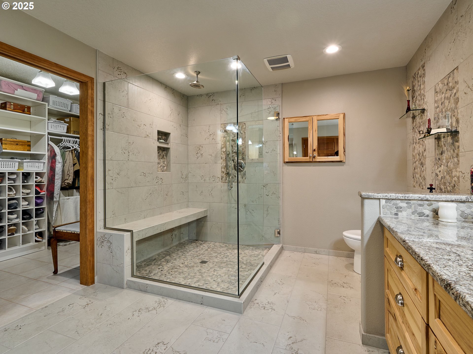 23456 South Schieffer Road Colton, OR 97017 - Photo 20 of 48 a bathroom with a granite countertop sink a mirror and shower