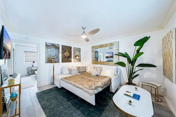 a living room with furniture and a potted plant