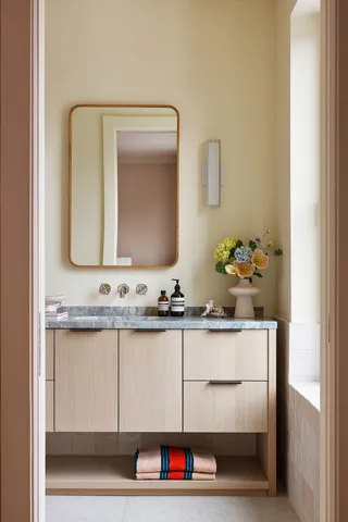 a bathroom with a sink vanity and a mirror