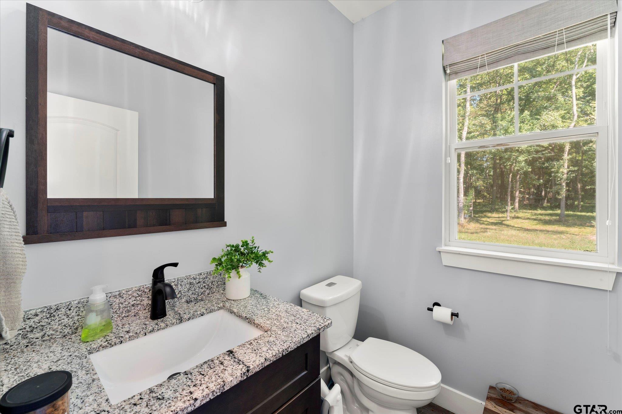 1663 County Road 4510 Pittsburg, TX 75686 - Photo 27 of 34 a bathroom with a granite countertop sink a toilet and a mirror