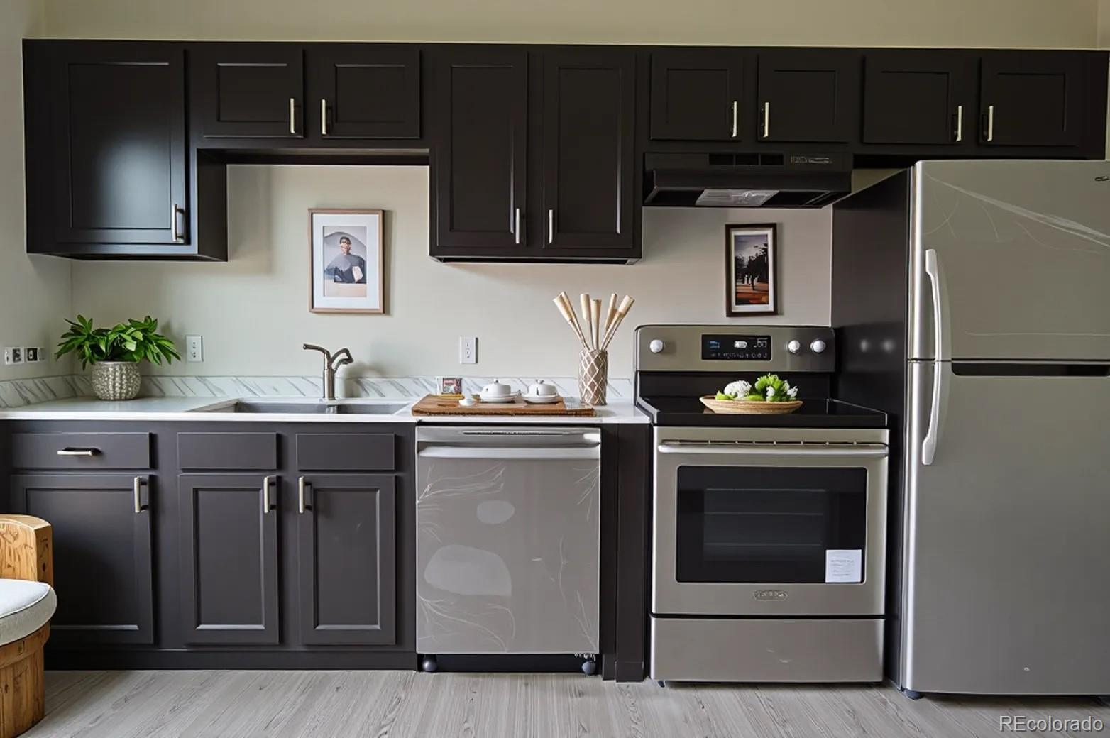 2931 North Williams Street Denver, CO 80205 - Photo 2 of 12 a kitchen with stainless steel appliances a stove a microwave and sink