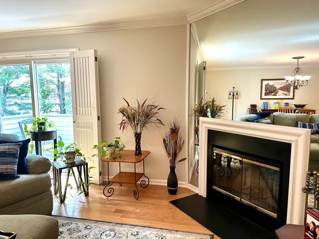 a living room with furniture a large window and a fireplace