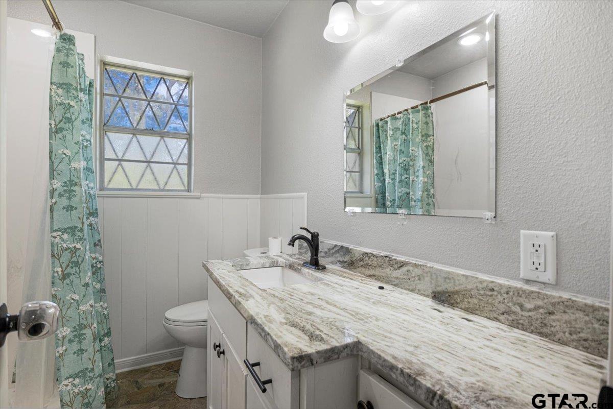 10638 County Road 384 Tyler, TX 75708 - Photo 11 of 33 a bathroom with a granite countertop sink a toilet and a mirror