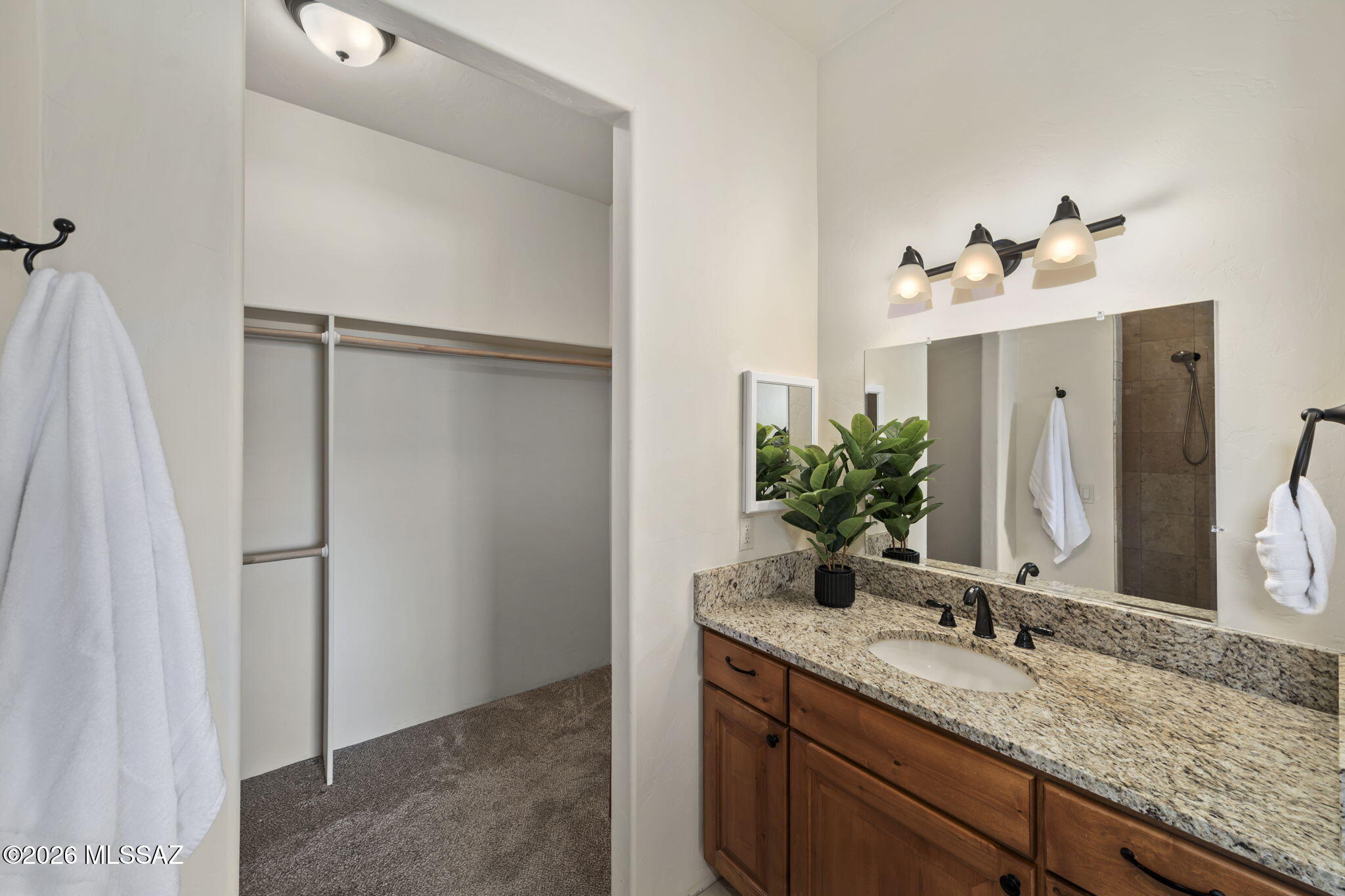 45 High View Court Tubac, AZ 85646 - Photo 32 of 44 a bathroom with a granite countertop sink and a mirror
