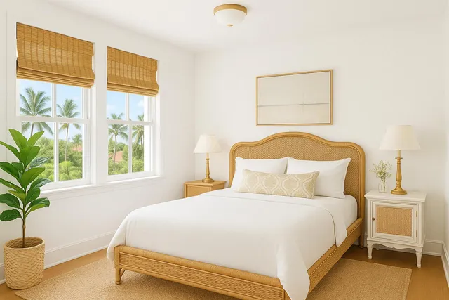 a bedroom with a bed and a potted plant