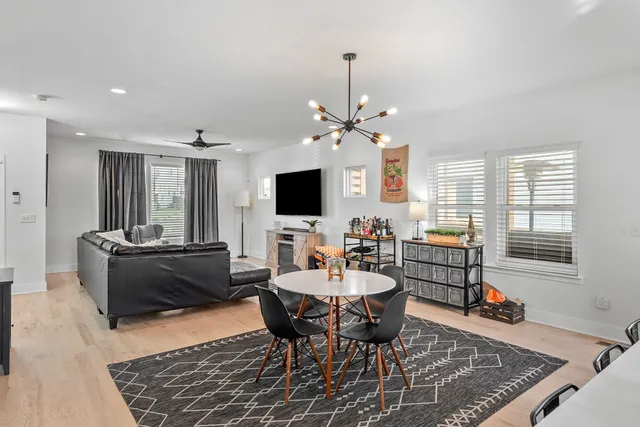 a view of a dining room with furniture