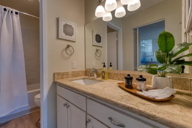 a bathroom with a granite countertop sink and a mirror