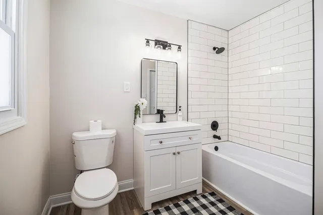 a bathroom with a toilet a sink a mirror a bathtub and vanity