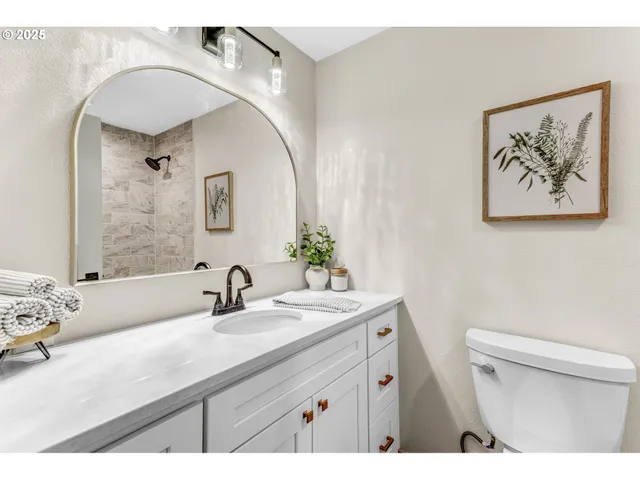 a bathroom with a sink mirror and toilet