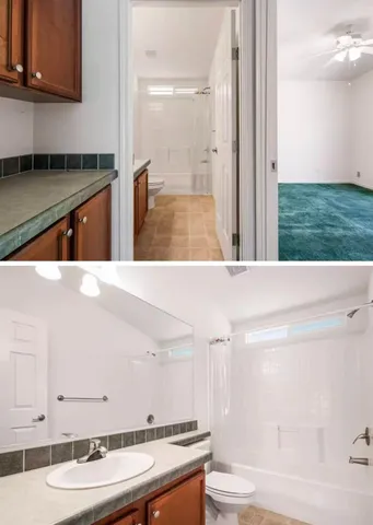 a bathroom with a sink a toilet and a mirror