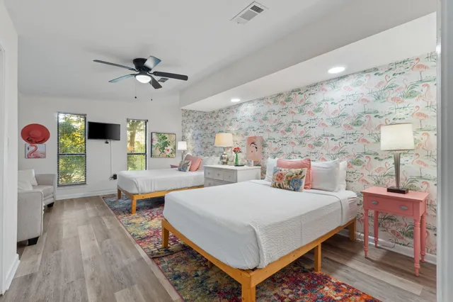 a living room with furniture and a table