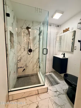 a bathroom with a shower and a toilet