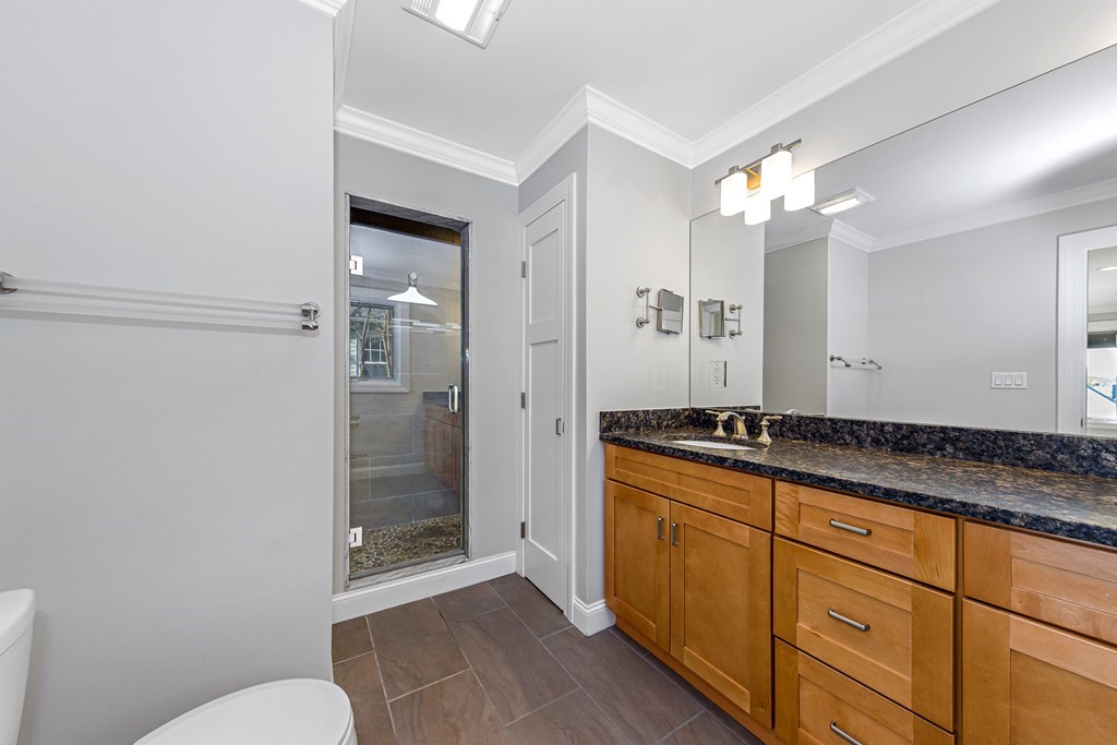 31 Knoll Street Boston, MA 02131 - Photo 24 of 34 a bathroom with a granite countertop sink a toilet a mirror and shower