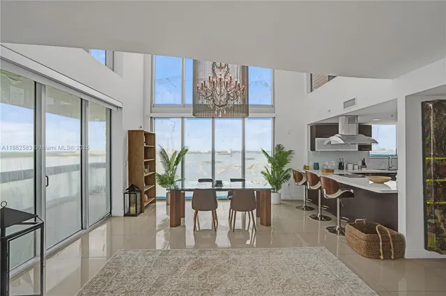 a view of a dining room with furniture window and outside view