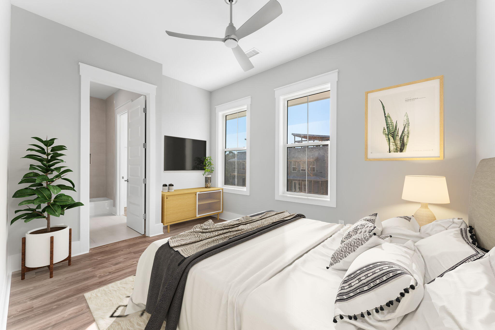 28 West Queen Palm Dr Inlet Beach Inlet Beach, FL 32461 - Photo 32 of 72 a bedroom with a bed and a potted plant on the dresser