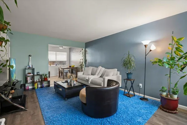 a living room with furniture and a potted plant