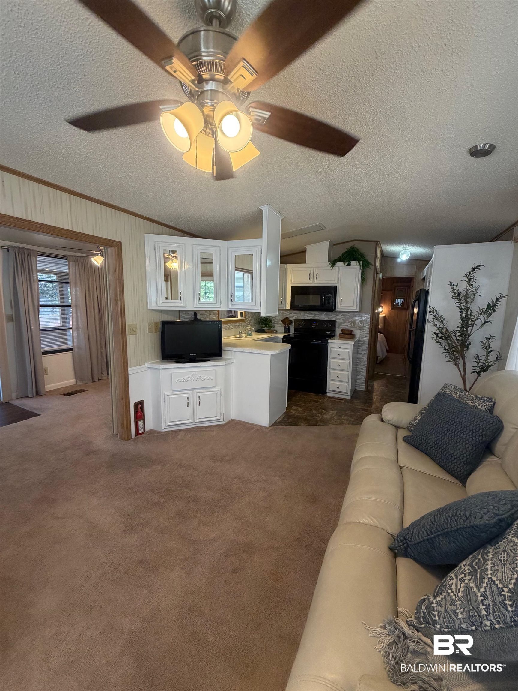 685 Escambia Loop Lillian, AL 36549 - Photo 9 of 43 Living area with dark colored carpet, ceiling fan, and ornamental molding