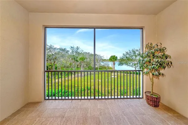 a view of a house with a floor to ceiling window and a palm tree