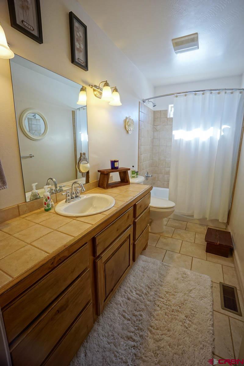 16575 2550th Road Cedaredge, CO 81413 - Photo 20 of 32 a bathroom with a double vanity sink a toilet and a mirror
