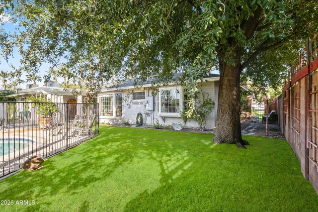 a view of a house with backyard and a tree