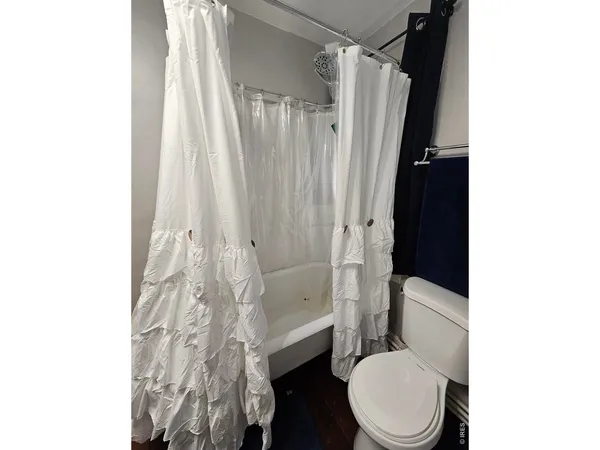 a white toilet sitting next to a shower curtain
