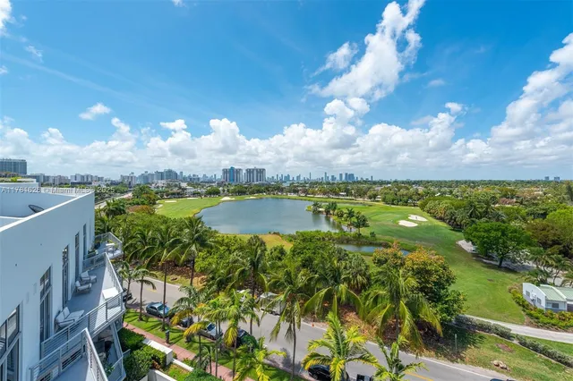 a view of a city with lawn chairs and a large tree