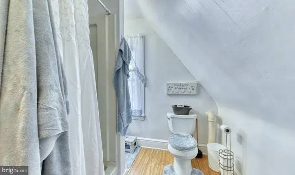 a bathroom with a toilet and a shower curtain
